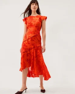 Josie Jacquard Floral Midi Dress Orange