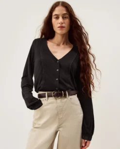 Laney Lace Linen Blend Top Black