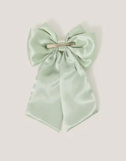 Long Pearl Satin Bow Hair Clip Green