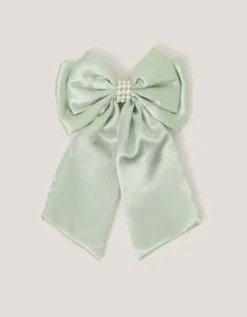 Long Pearl Satin Bow Hair Clip Green
