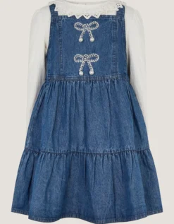 Long Sleeve Top & Denim Pinafore Dress Set Blue