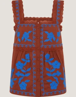 Madison Embroidered Broderie Lace Top Brown
