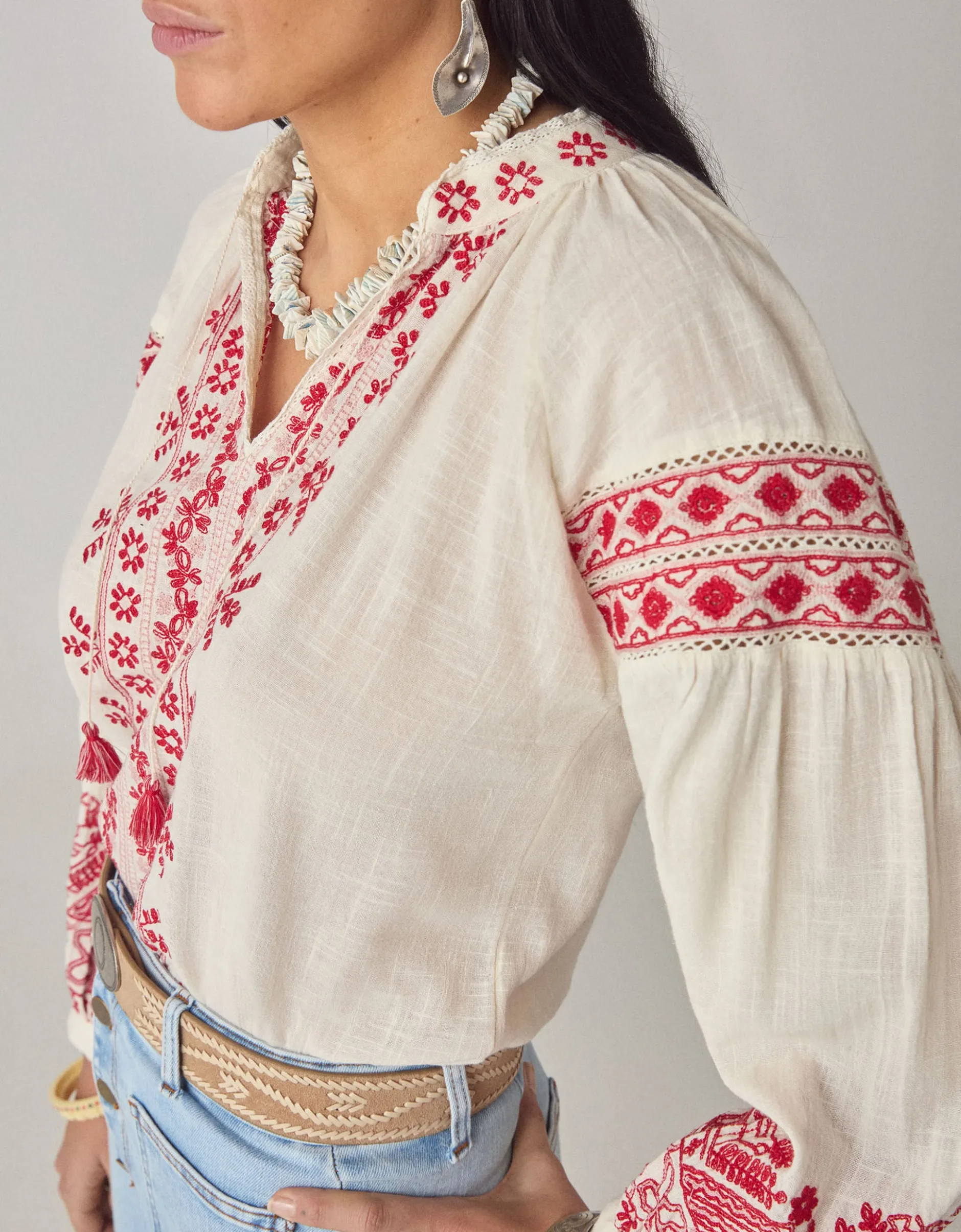 Maison Hotel Antonella Floral Embroidered Blouse Red