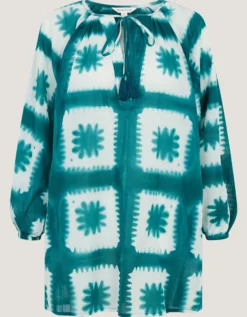 Malia Artisanal Print Mini Kaftan Teal