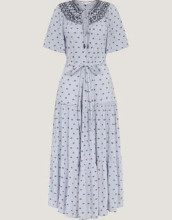 Mia Embroidered Print Midi Dress Blue