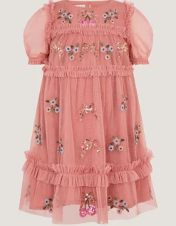 Mon Cheri Floral Embroidered Mesh Dress Pink