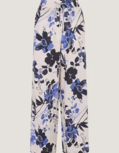 Nicolette Floral Linen Blend Wide Leg Trousers Blue