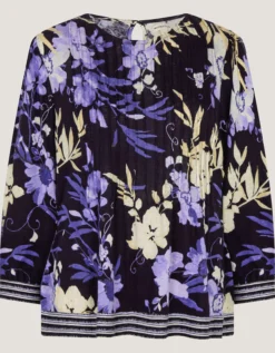 Nicolette Floral Linen Blend Top Blue