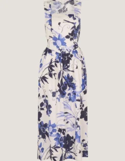 Nicolette Floral Linen Blend Midi Dress Blue