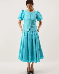 Odette Puff Sleeve Floral Appliqué Jacket Blue