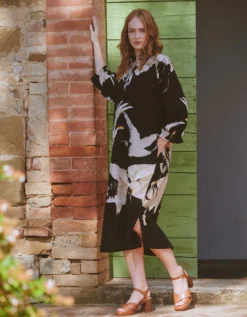 One Hundred Stars Stork Print Midi Dress Black