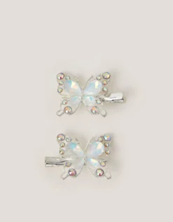 2-Pack Gemstone Butterfly Hair Clips Silver