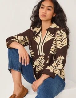Pamela Linen Blend Leaf Print Top Brown