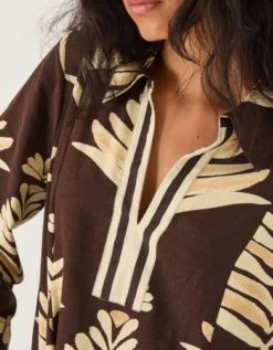Pamela Linen Blend Leaf Print Top Brown