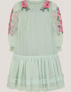 Peony Embroidered Tulle Party Dress Green