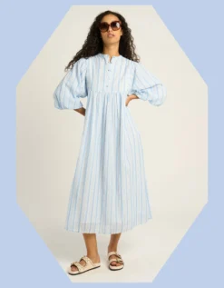 Petite Mendigote Rigo Stripe Shirt Midi Dress Blue