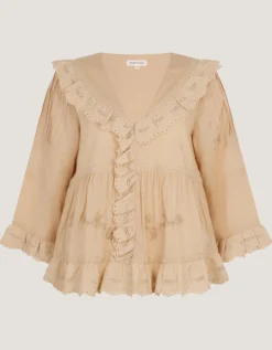 Petra Embroidered Ruffle Blouse Camel