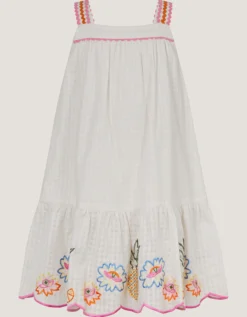 Pineapple Embroidered Scallop Swing Dress White