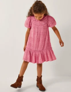 Polka Dot Textured Puff Sleeve Dress Pink