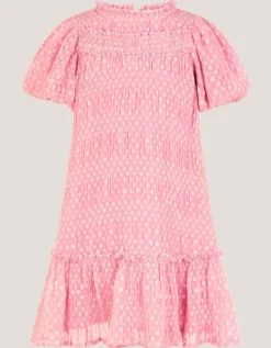 Polka Dot Textured Puff Sleeve Dress Pink