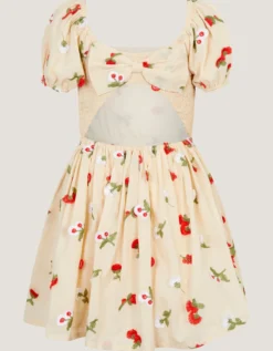 Puff Sleeve Floral Embroidered Dress Ivory