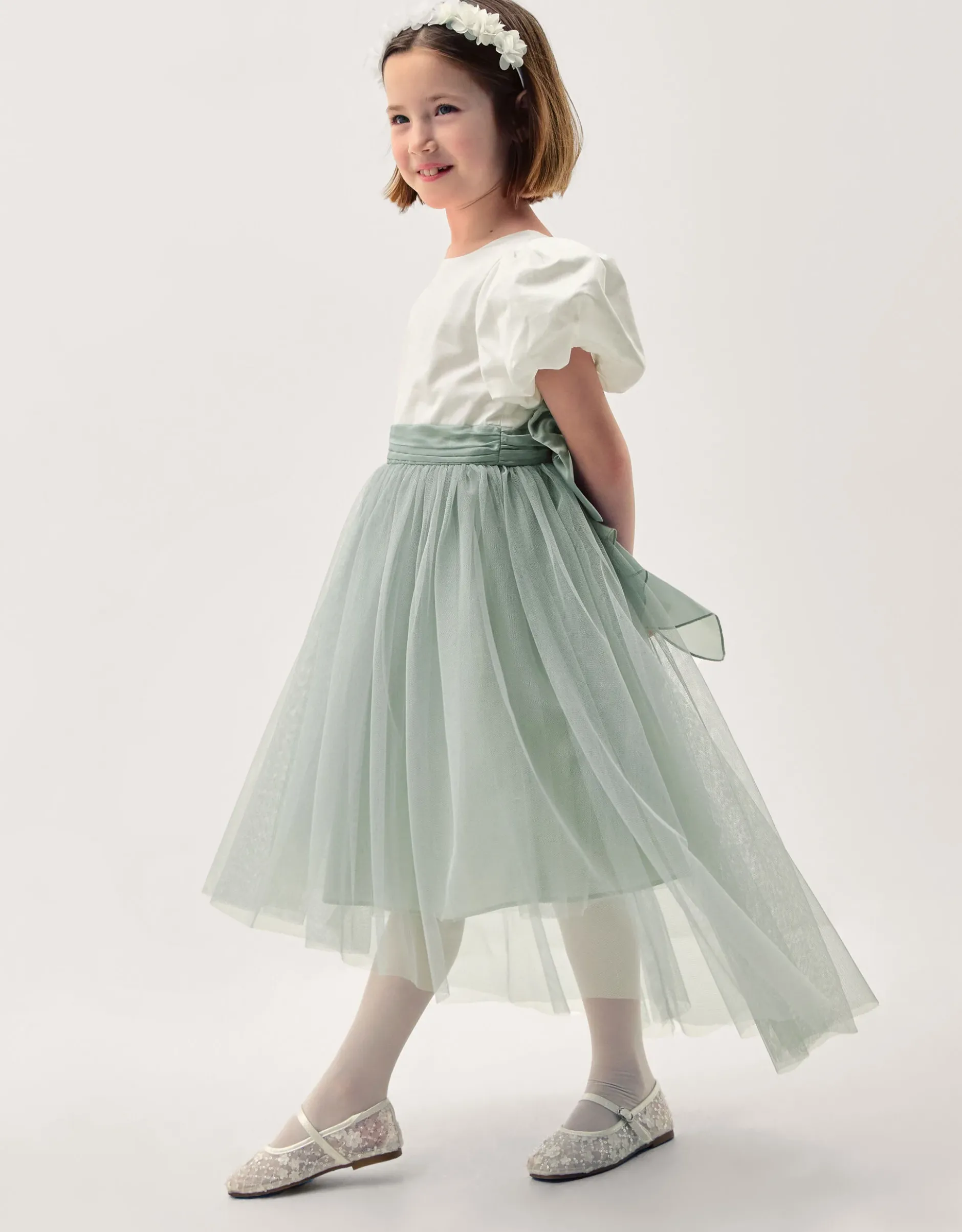 Puff Sleeve Satin Tulle Dress Green