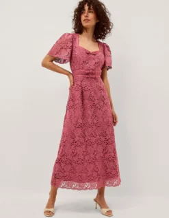 Regina Short Sleeve Lace Midi Dress Pink