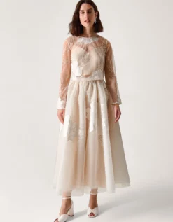 Rhea Floral Embroidered Mesh Wedding Top Ivory