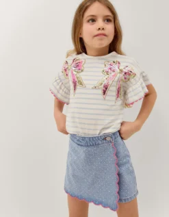 Rhinestone Scallop Denim Skort Blue