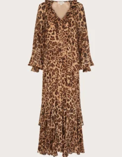 Rowena Leopard Print Ruffle Dress Brown