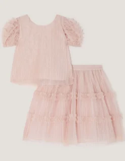 Ruffled Pleated Top & Skirt Set Pink