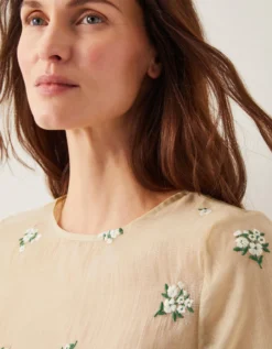 Sacha Short-Sleeve Embroidered Top Gold