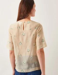 Sacha Short-Sleeve Embroidered Top Gold