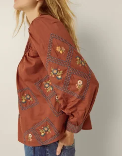 Sadie Embroidered Pintuck Blouse Orange