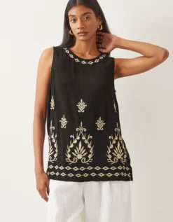 Saffron Embroidered Tank Top Black