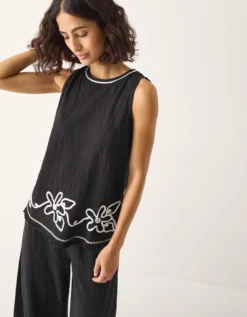 Sara Sleeveless Embroidered Top Black
