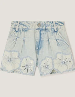 Sequin Flower Denim Shorts Blue