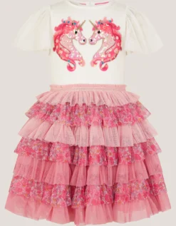 Sequin Unicorn Ruffle Tiered Dress Pink