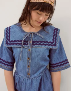 Shelby Square Collar Denim Midi Dress Blue