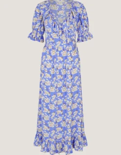 Sian Floral Print Ruffle Midi Dress Blue
