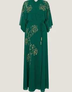 Skyla Floral Embellished Maxi Wrap Dress Green
