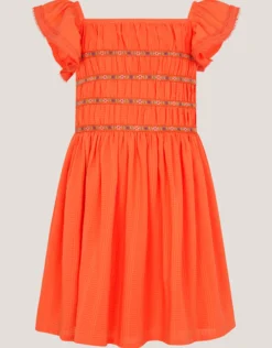 Smocked Square Neck Dress Orange