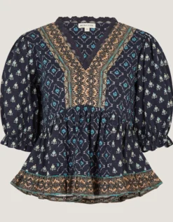 Stacee Puff Sleeve Print Jersey Top Blue