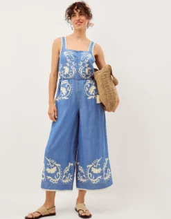 Stella Embroidered Denim Culotte Jumpsuit Blue