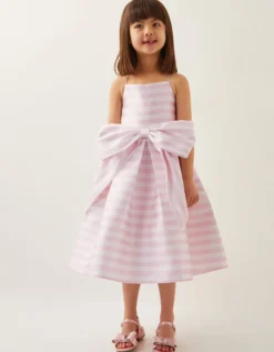 Stripe Bow Twill Party Dress Pink