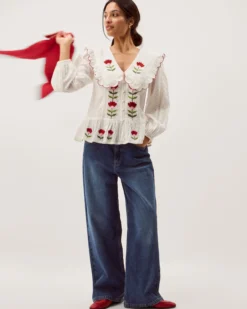 Talia Tulip Embroidered Scallop Collar Top White