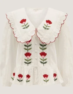 Talia Tulip Embroidered Scallop Collar Top White