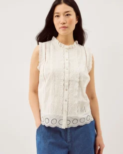 Trish Sleeveless Broderie Frill Top Ivory