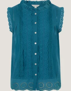 Trish Sleeveless Broderie Frill Top Teal