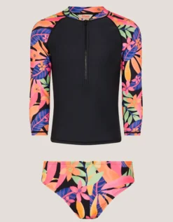 Tropical Floral UPF50+ Rash Vest Swim Set Black